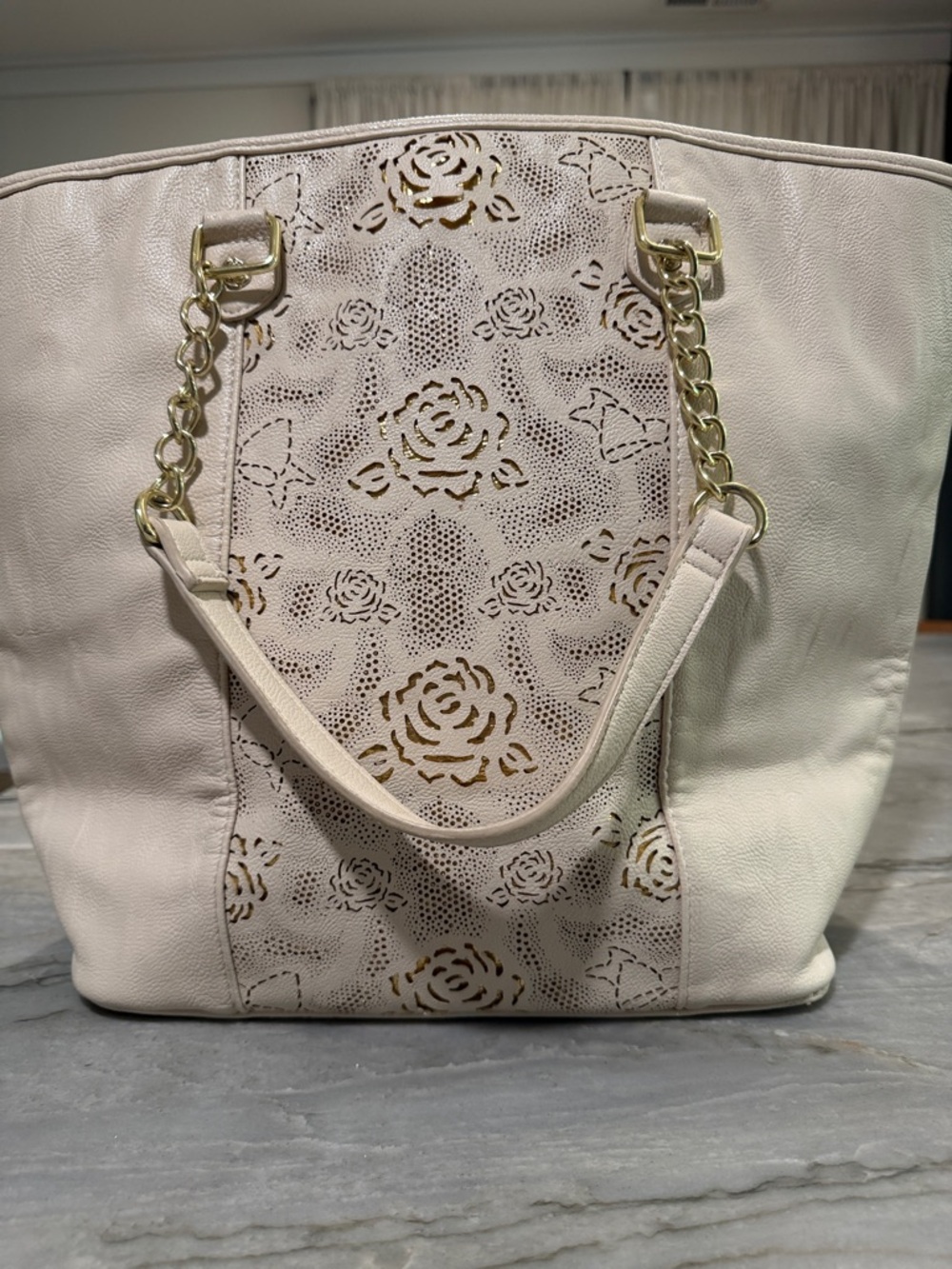 Elegant Cream Laser-Cut Betsy Johnson Tote Bag with Gold Chain Detail